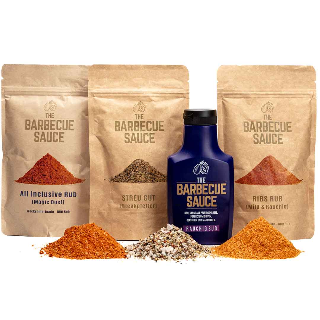 Im BBQ & Grillsaucen Sparset erhältst du eine 390g Grillsauce nach Wahl, ideal für Spareribs, Pulled Pork oder vegane Grillgerichte.