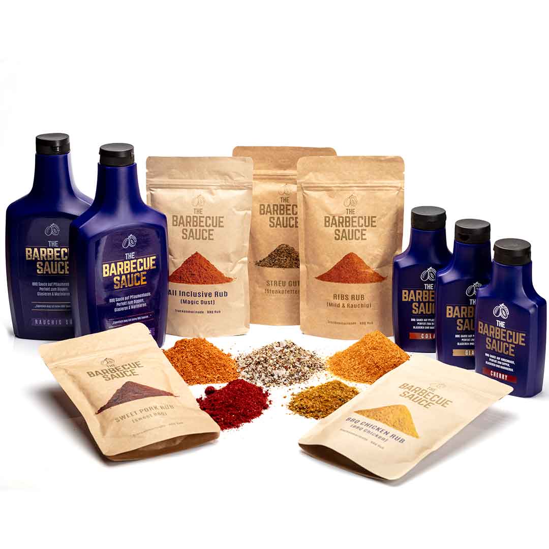 Entdecke das Big BBQ Paket mit einer Auswahl an Saucen, Marinaden und Rubs für ein perfektes Grillfest. Ideal für Fleisch, Gemüse und vegane Gerichte!