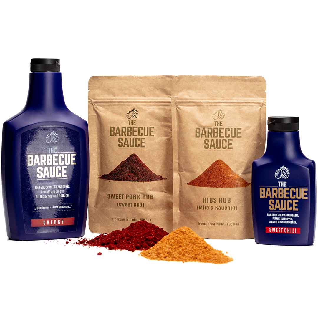 2 BBQ & Grillsaucen + 2 BBQ Rubs Sparset für Ribs, Spareribs und BBQ