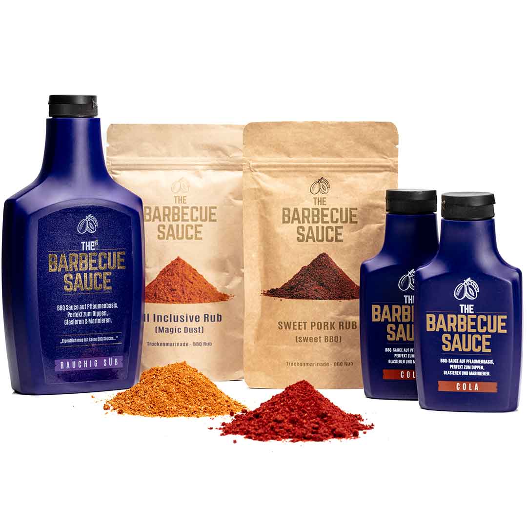 Pulled Pork BBQ Set mit Rauchig Süß und Cola BBQ Saucen, sowie Magic Dust und Sweet Pork Rubs – Perfekt für 4 kg Pulled Pork, Grillen und Smoken