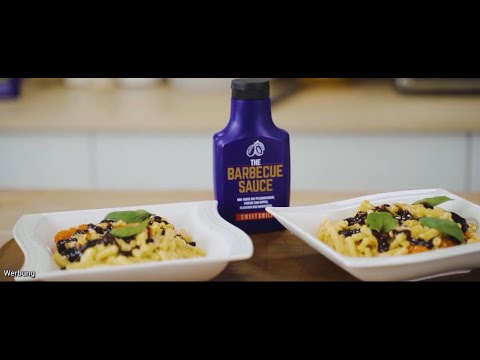 Mac & Cheese aus dem Optigrill mit der Sweet Chili BBQ Sauce auf Pflaumenbasis.