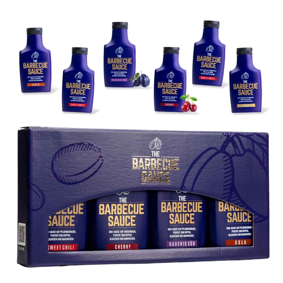 Das Männergeschenk: BBQ & Grillsaucen Geschenkset mit  4 individuell zusammengestellten Grillsaucen. Probierset zum Verschenken. BBQ Saucen und Grill Saucen Geschenkset zum Probieren & Verschenken. Perfekt für einen BBQ Abend oder eine Grill Party.